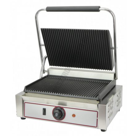 Kontaktgrill 1 fedlapos,bordás sütőfelület,bordás fedlap, 50-300°C-ig termosztát, sütőfelület: 335x230, 230 V/2,2 kW, 430x310x220