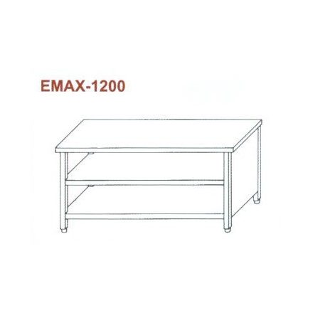 Rozsdamentes munkaasztal 3 old. zárt, elöl nyitott, alsó és köztes polccal Emax-1200 1.4301 anyag 1500×700×850