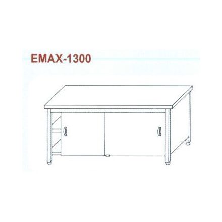 Rozsdamentes munkaasztal 3 old. zárt, elöl tolóajtó, alsó és köztes polccal Emax-1300, 1.4301 anyag 1200×700×850