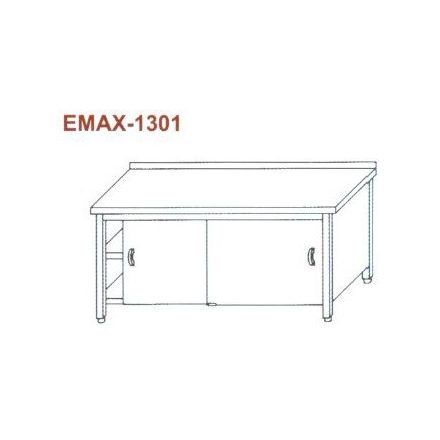 Rozsdamentes munkaasztal 3 old. zárt, elöl tolóajtó, alsó és köztes polccal, hátsó felhajt. Emax-1301, 1.4301 anyag 1900×700×850